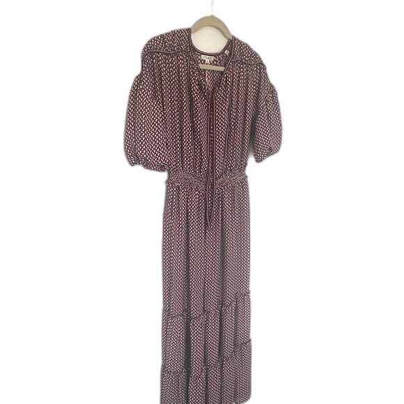 NWT Max Studio Geometric Print Tie Neck Crepe Cottagecore Boho Tier Maxi Dress S - Picture 11 of 12